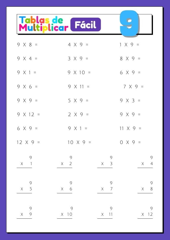 Imágenes con ejercicios para imprimir de la tabla del 9